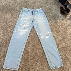 American Eagle Outfitters Blue Straight Leg Jeans with Distressed Details